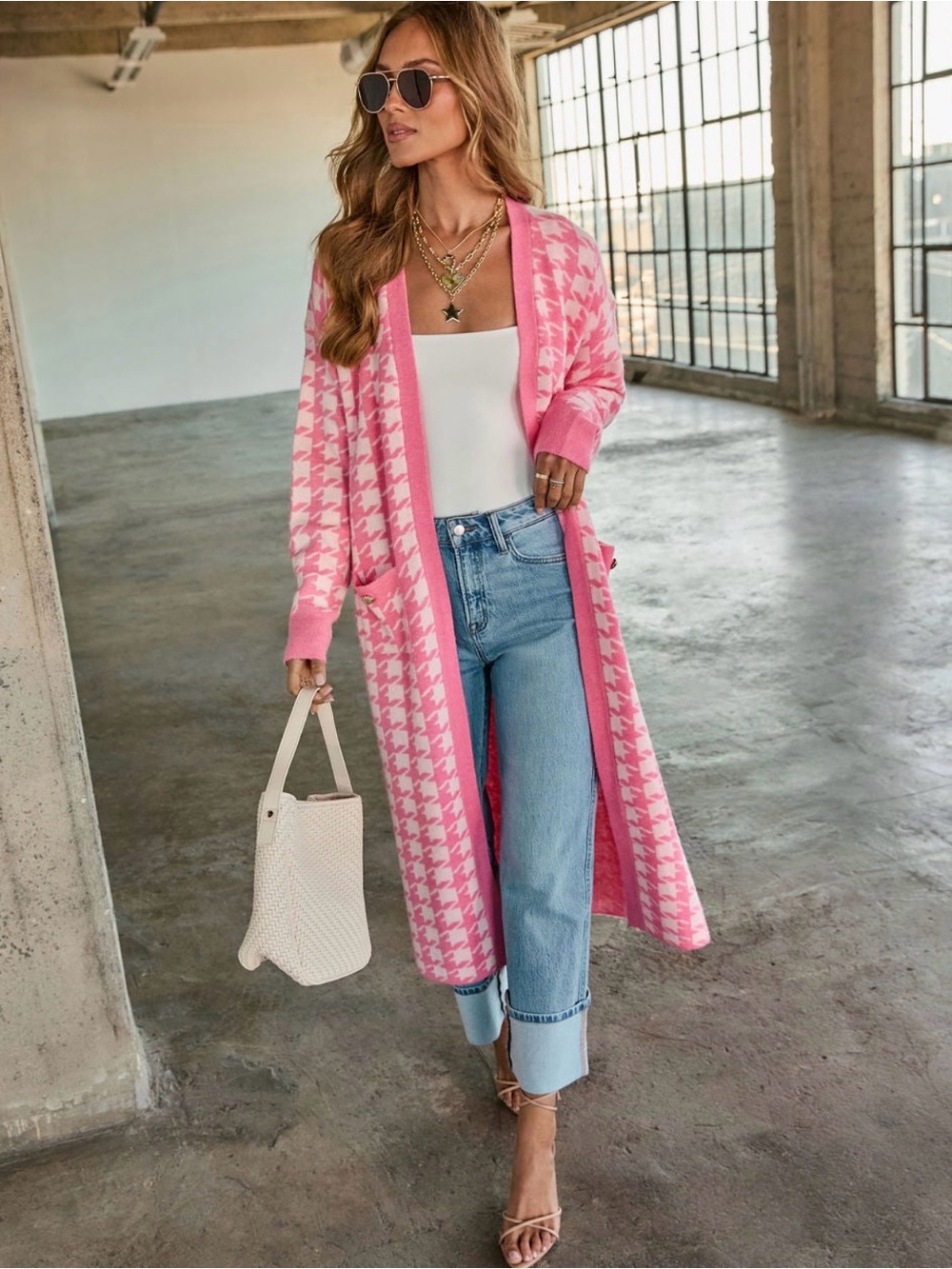 VICI Pink Houndstooth Longline Duster Cardigan Sweater S NWOT